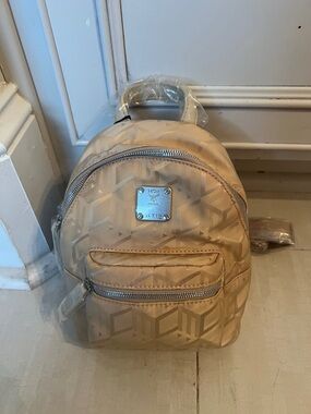 MCM Beige Geometric Logo Mini Backpack